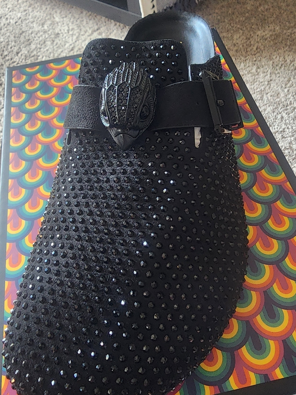 Kurt Geiger Black Crystal-Embellished Slip-On Mule with Sculpted Bird Accent